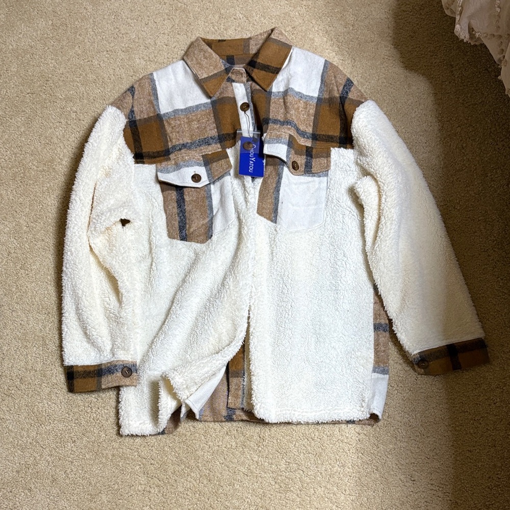 Cozy Plaid Sherpa Jean Jacket - White and Brown
